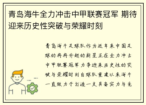 青岛海牛全力冲击中甲联赛冠军 期待迎来历史性突破与荣耀时刻